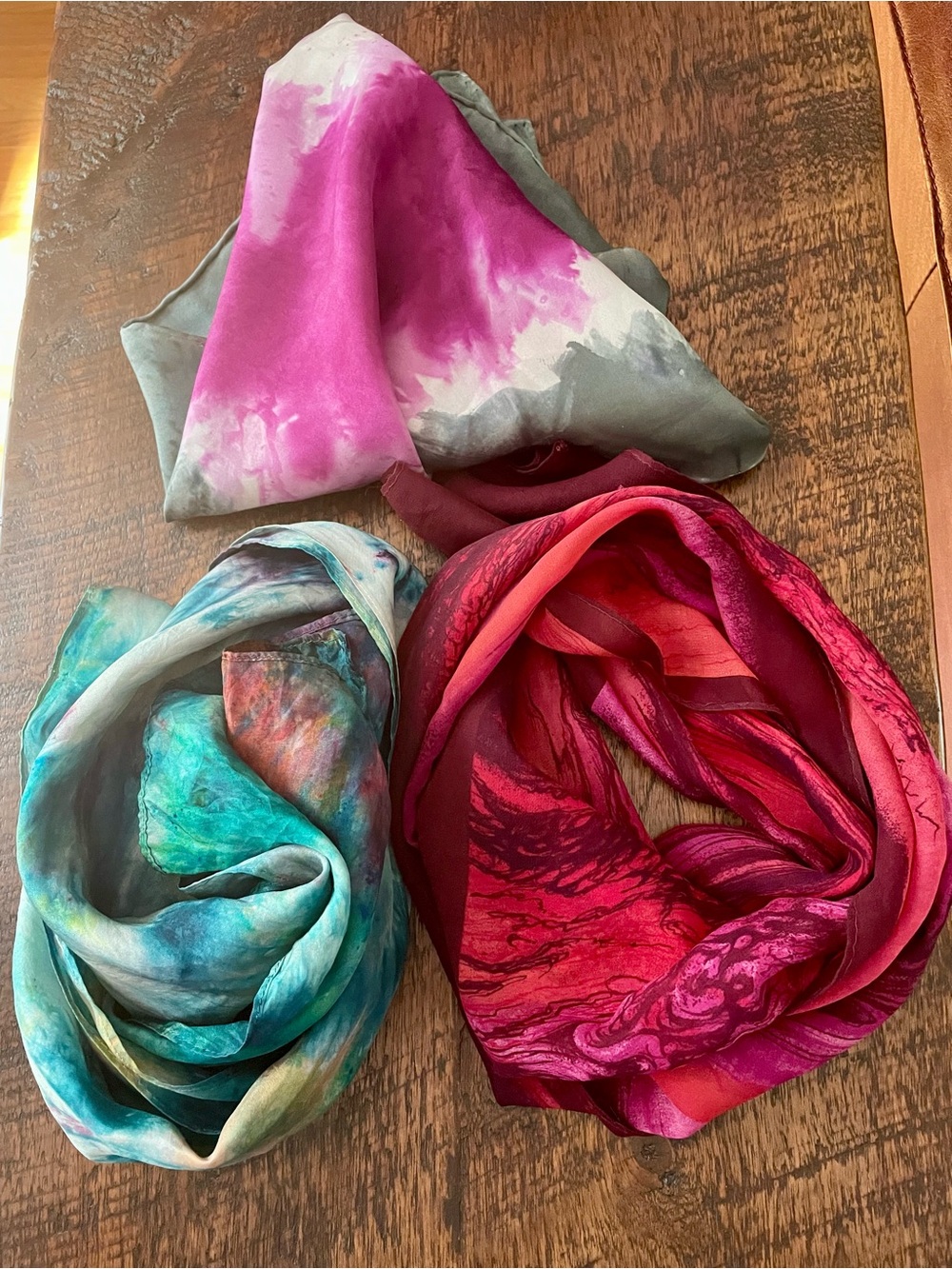 Scarf Trio Silk Tie Dye and Marbled Patterns Green, Grey & Plum and Red
